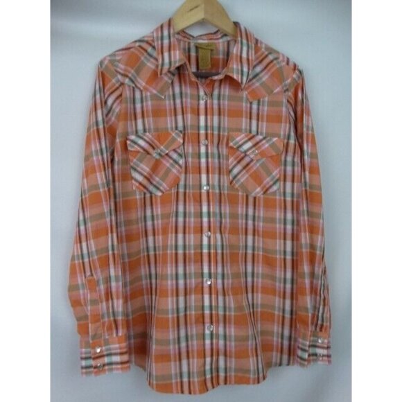 Wrangler Shirt Womens Size Large Pearl Snap Orange Plaid Long Sleeve Western Top - Picture 1 of 10